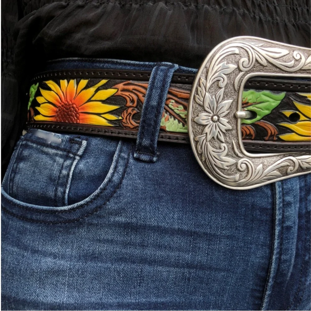 Nocona – Girls Western Sunflower Leather Tooled Belt ( Black ) Size 24